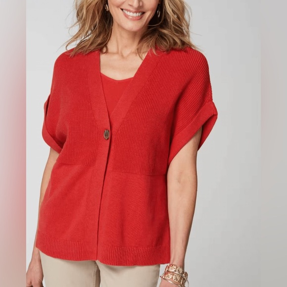 J. Jill Boxy Cotton Cardigan Sweater, Large, Red, EUC - Picture 1 of 7